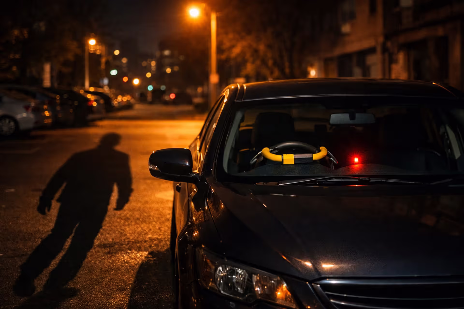 Car parked at night with yellow steering wheel lock visible through windshield and alarm LED blinking on dashboard — comprehensive vehicle theft protection