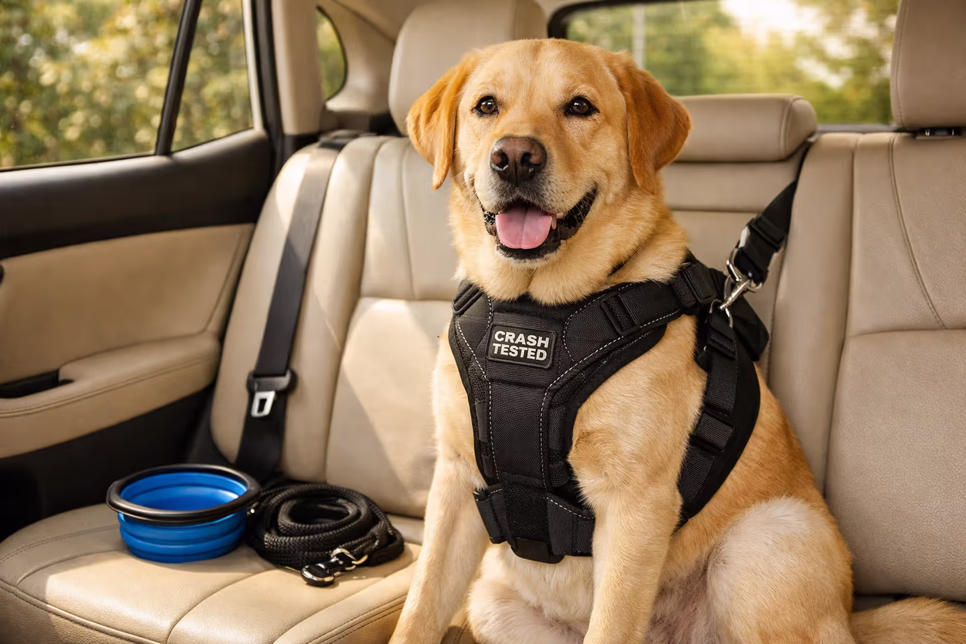 Golden Labrador retriever wearing a black crash-tested safety harness buckled with a seatbelt on the back seat of a car