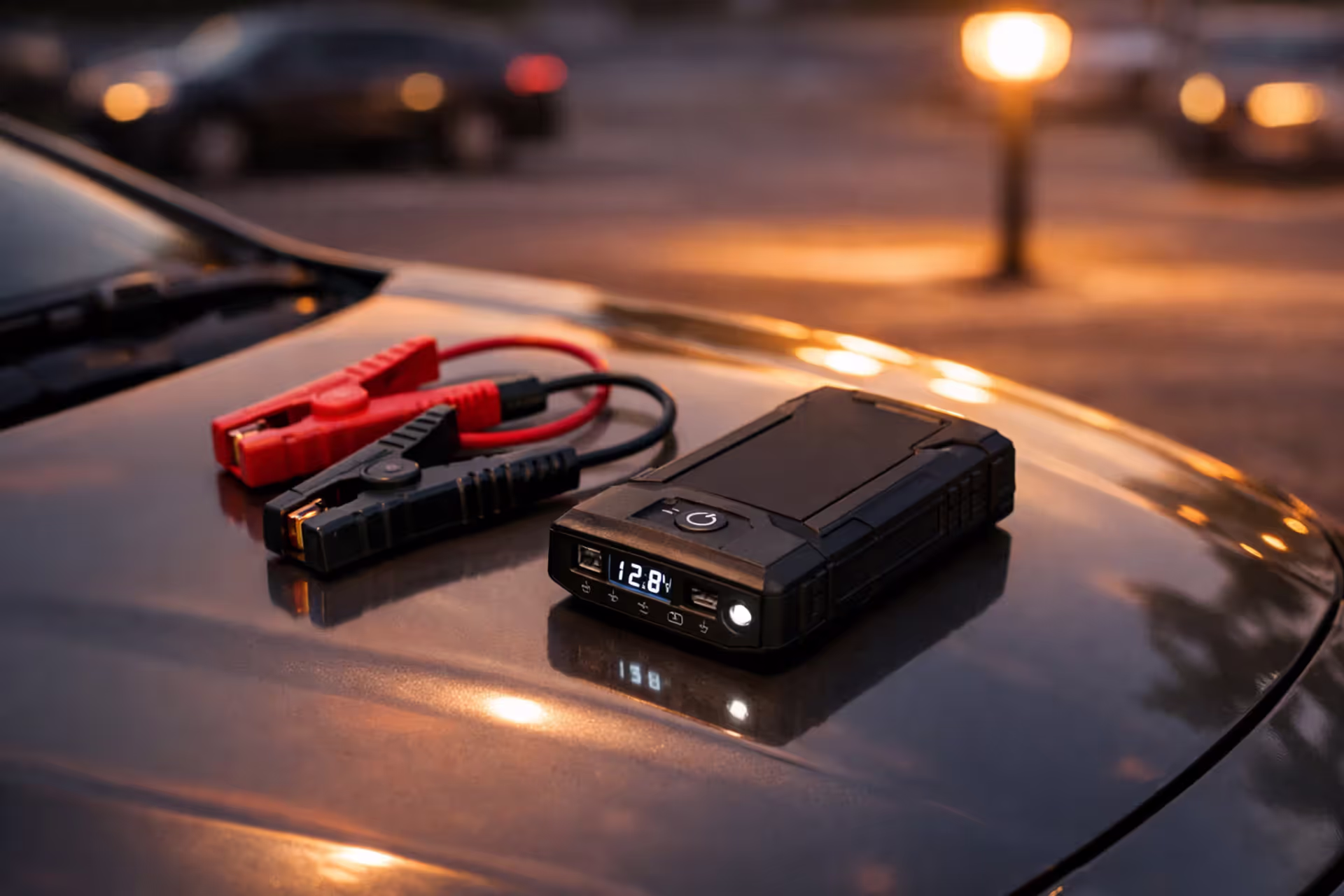 Portable lithium-ion jump starter with red and black clamps on a car hood in an evening parking lot
