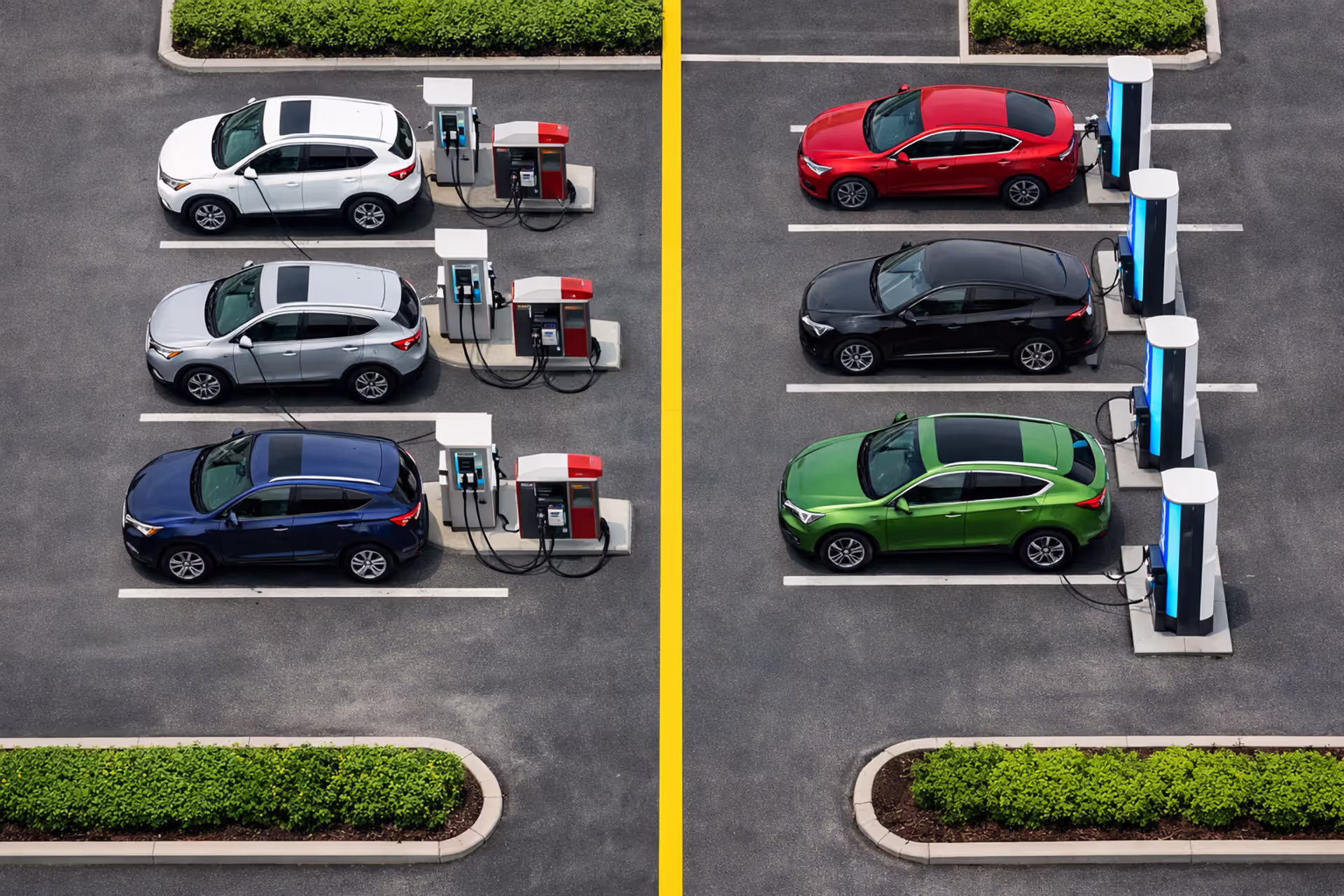 Aerial view of parking lot with plug-in hybrids near gas pumps on left and electric vehicles at fast charging stations on right