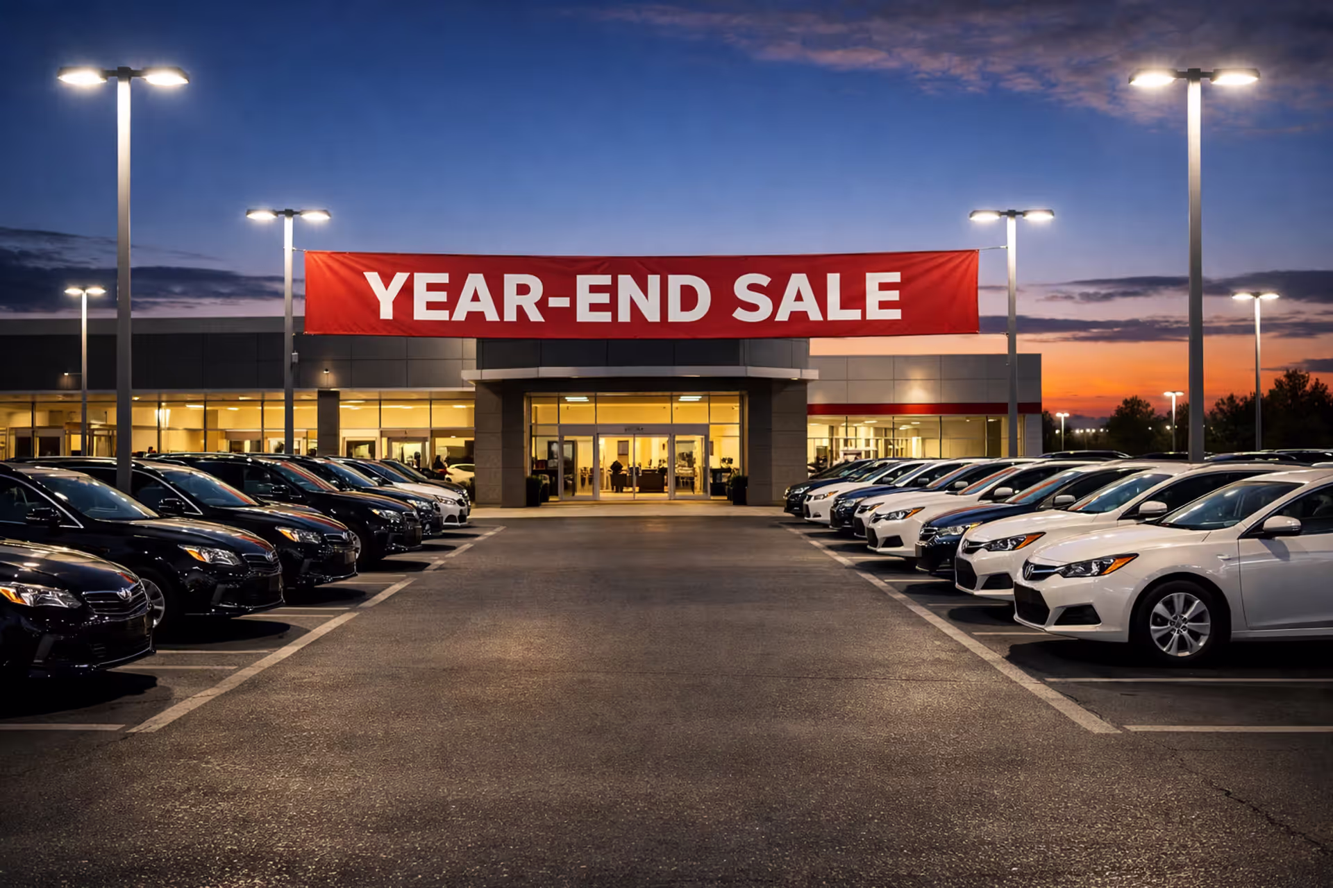 Modern car dealership lot at dusk with rows of new vehicles and year-end sale banner with no customers visible