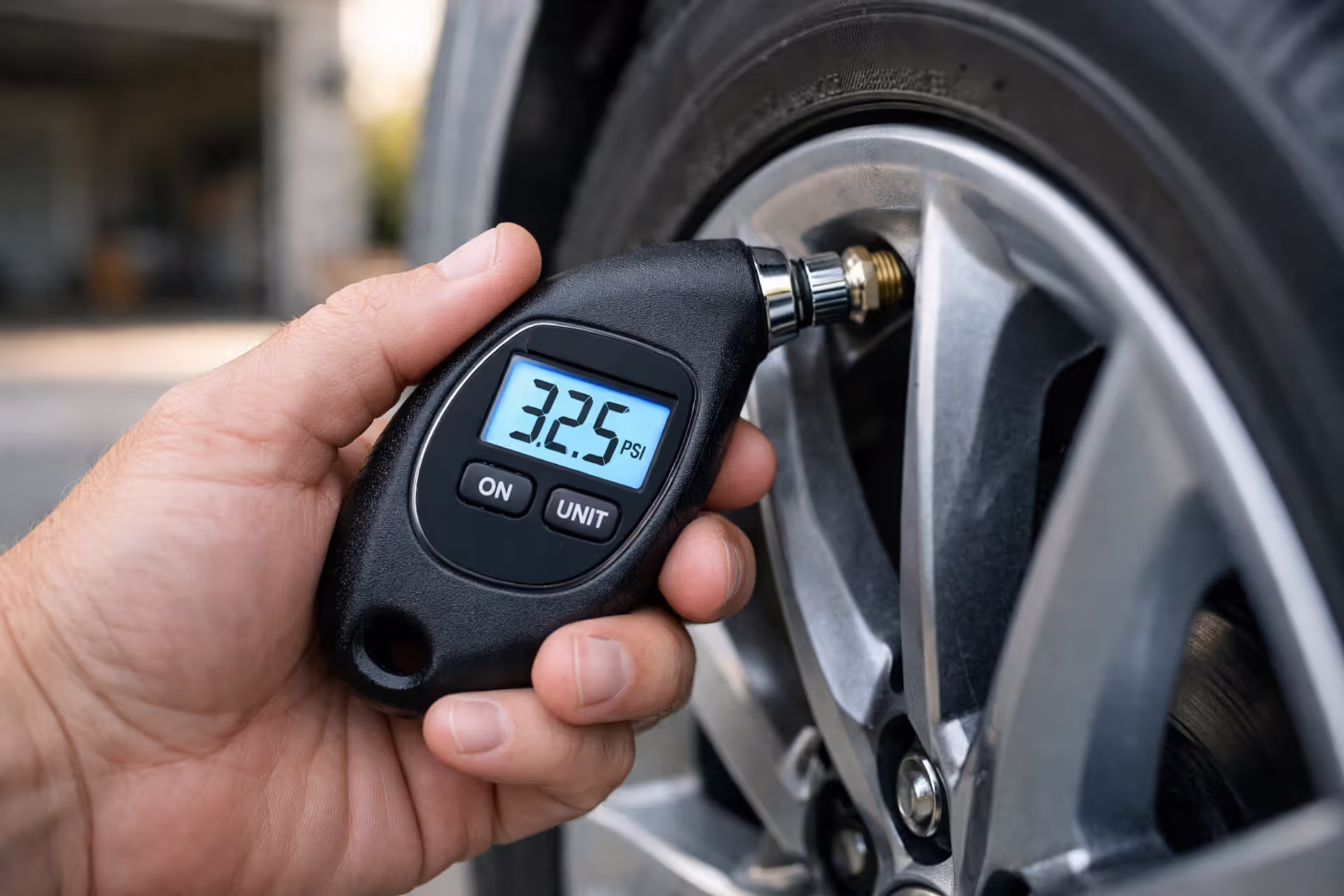 Driver pressing a digital tire pressure gauge onto a car tire valve stem showing PSI reading in a home garage setting