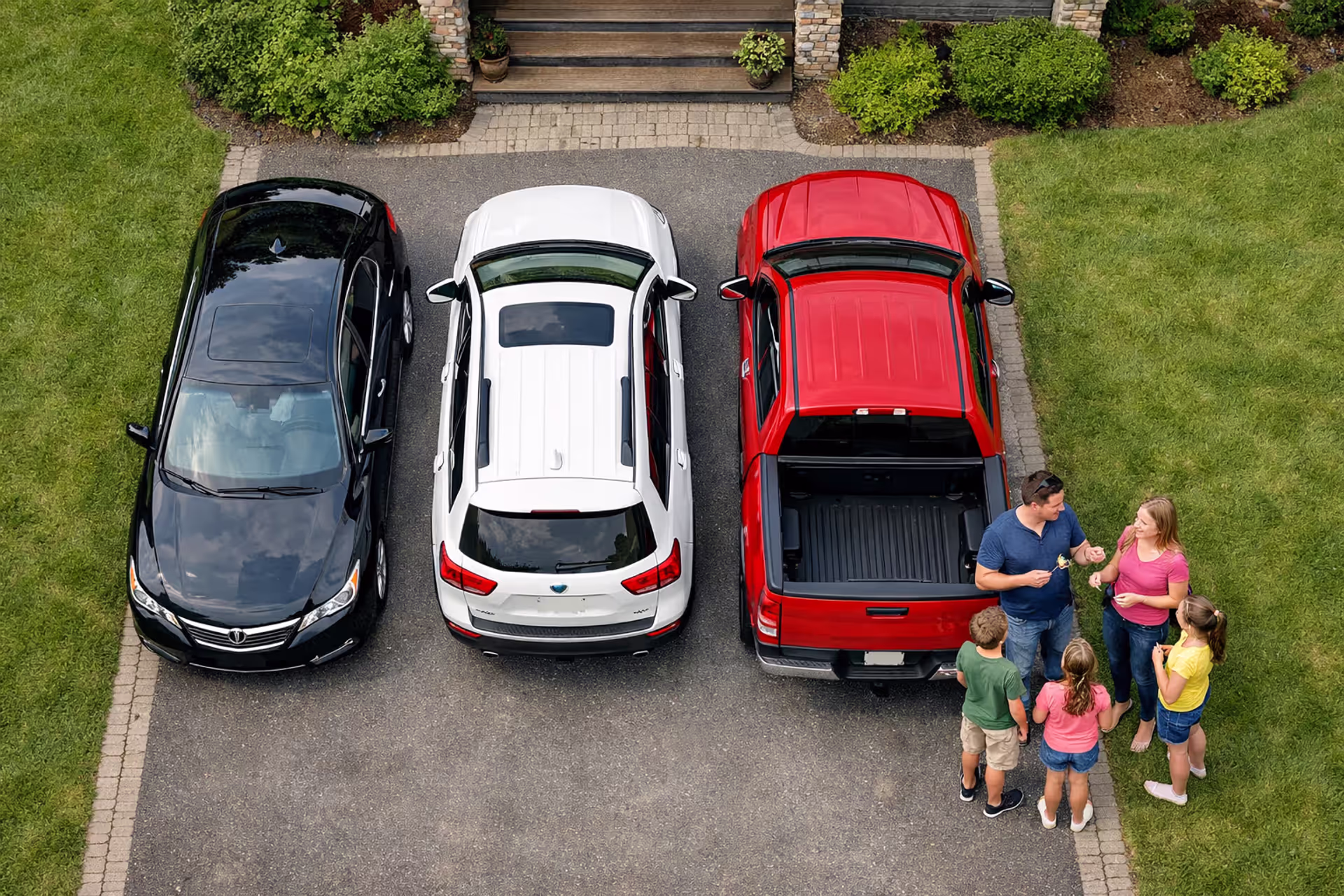 Family of four standing in suburban driveway with three different vehicles — sedan, SUV, and pickup truck — discussing car keys