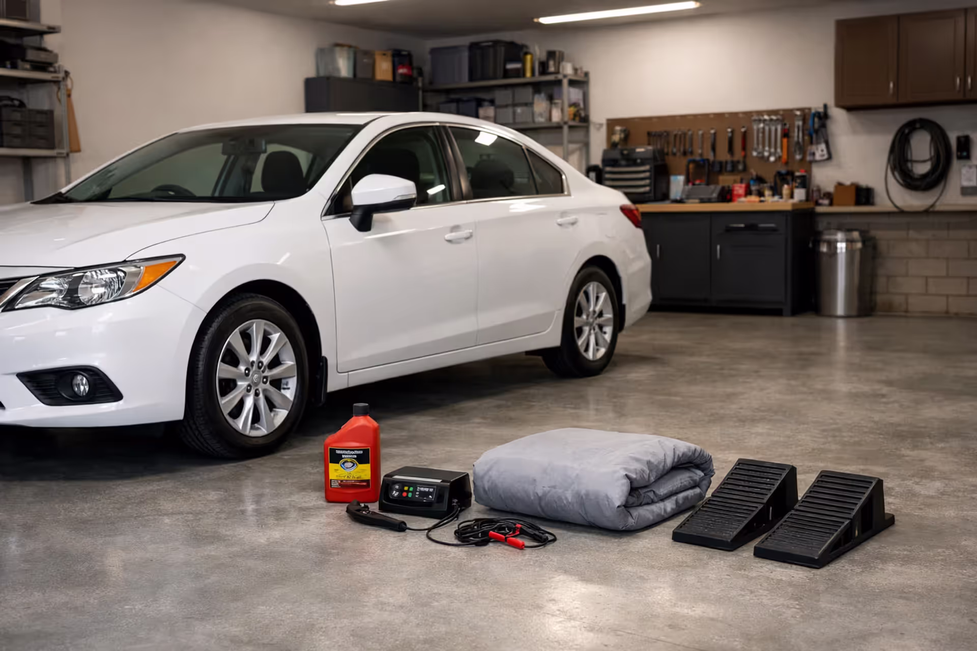Car parked inside a clean home garage with fuel stabilizer, battery tender, car cover, and wheel chocks laid out on the floor for long-term storage preparation