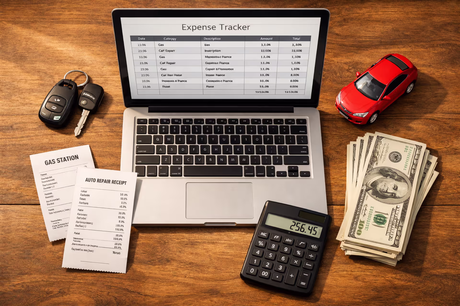 Flat lay desk with laptop showing car expense spreadsheet, car keys, gas station receipts, calculator, dollar bills, and miniature car model