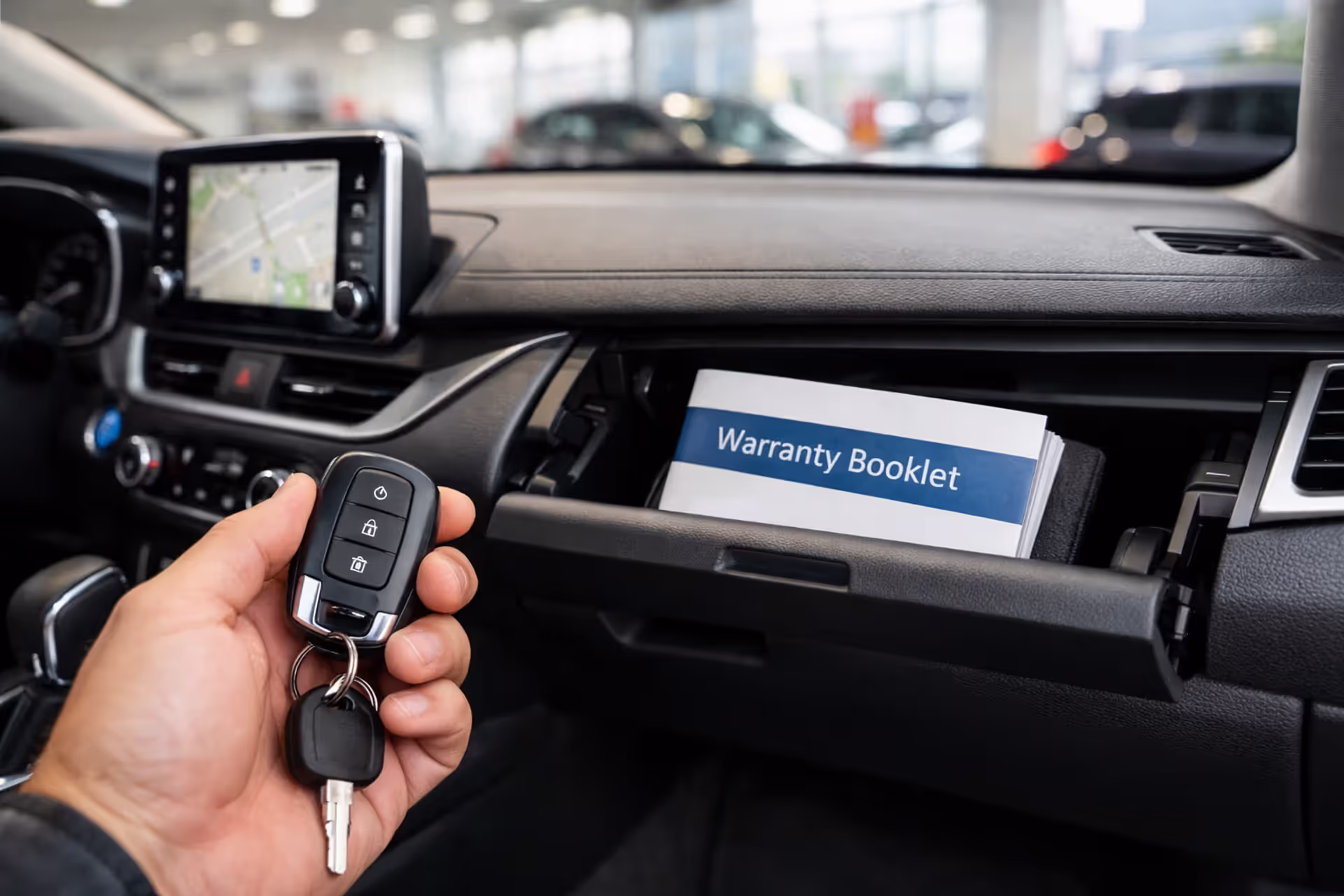 New car dashboard with warranty booklet visible in open glove compartment and car keys in driver hand at dealership
