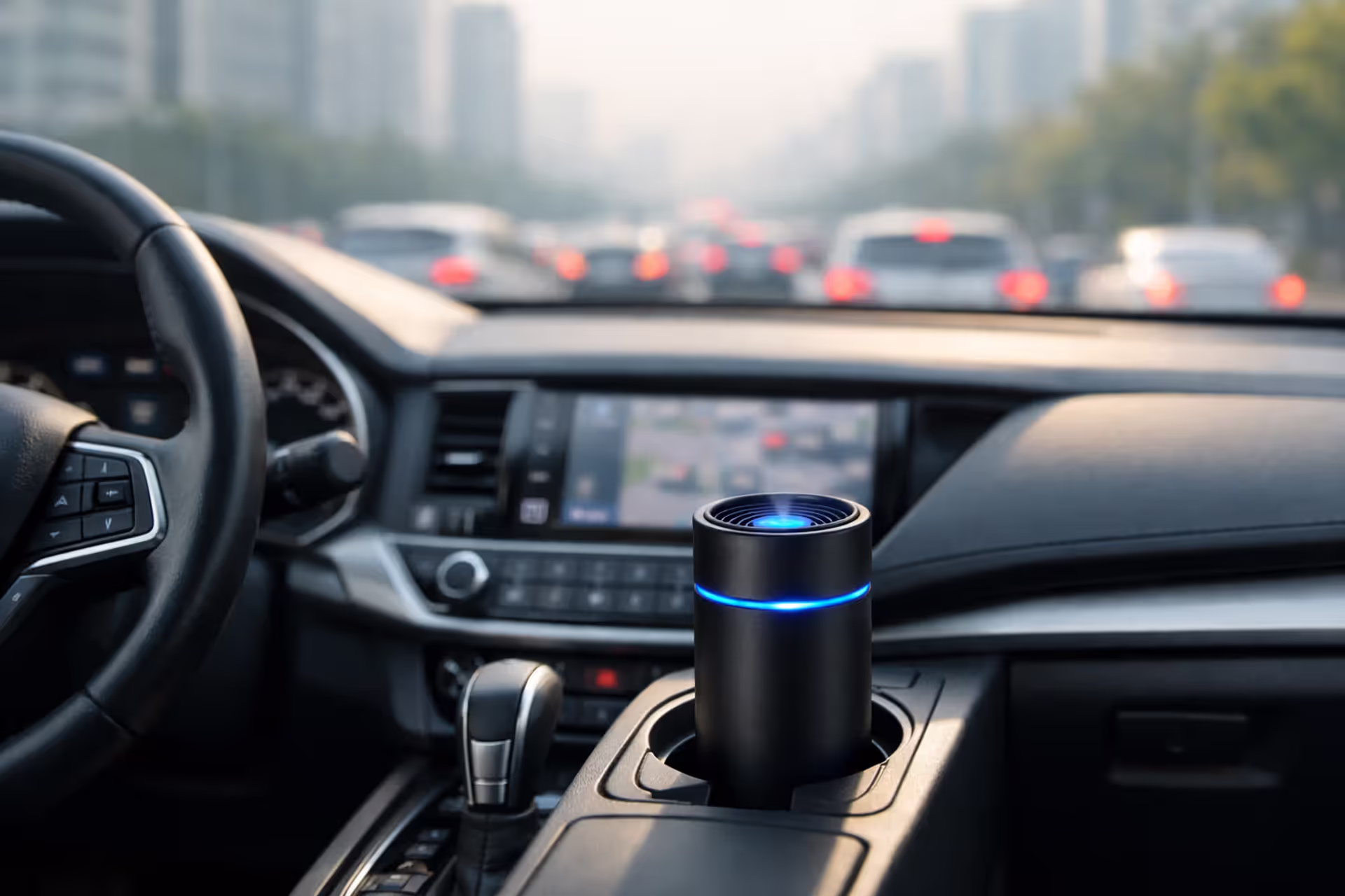Car air purifier with blue LED indicator placed in a cup holder inside a vehicle cabin with urban traffic visible through the windshield