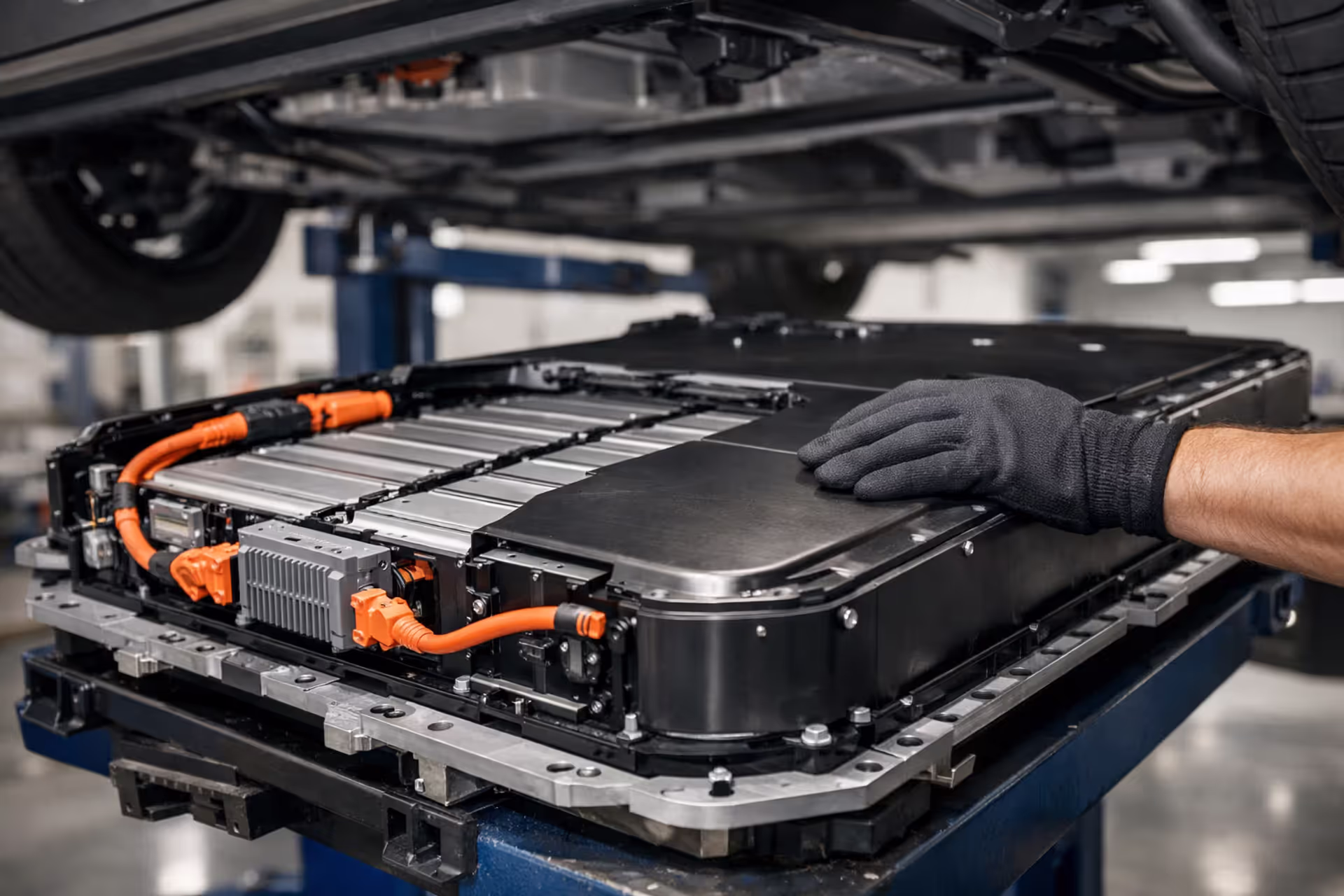 Close-up of an EV battery pack being inspected by a technician on a service lift in a modern dealership bay