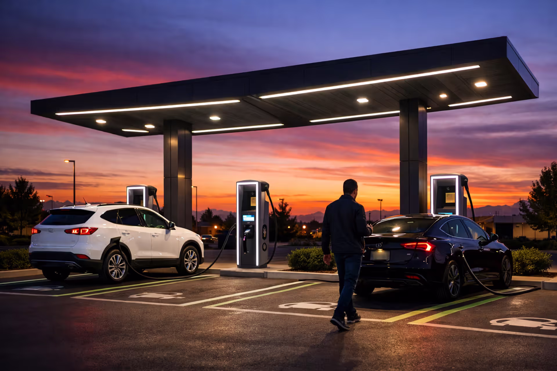 Public EV charging station at sunset with two electric vehicles plugged in and a driver approaching with a smartphone
