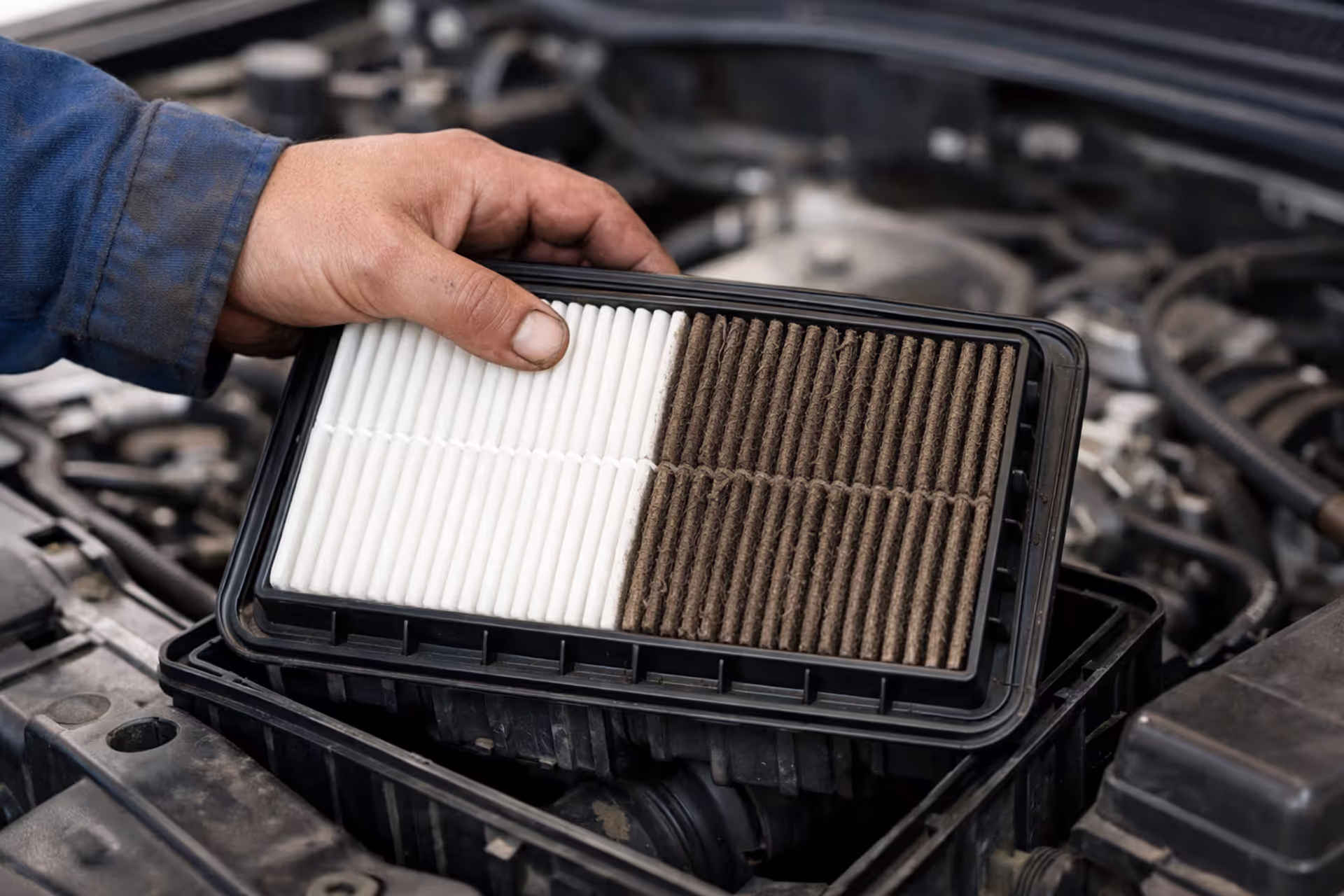 Mechanic hand pulling a half-clean half-dirty rectangular engine air filter from a black plastic housing in a car engine bay