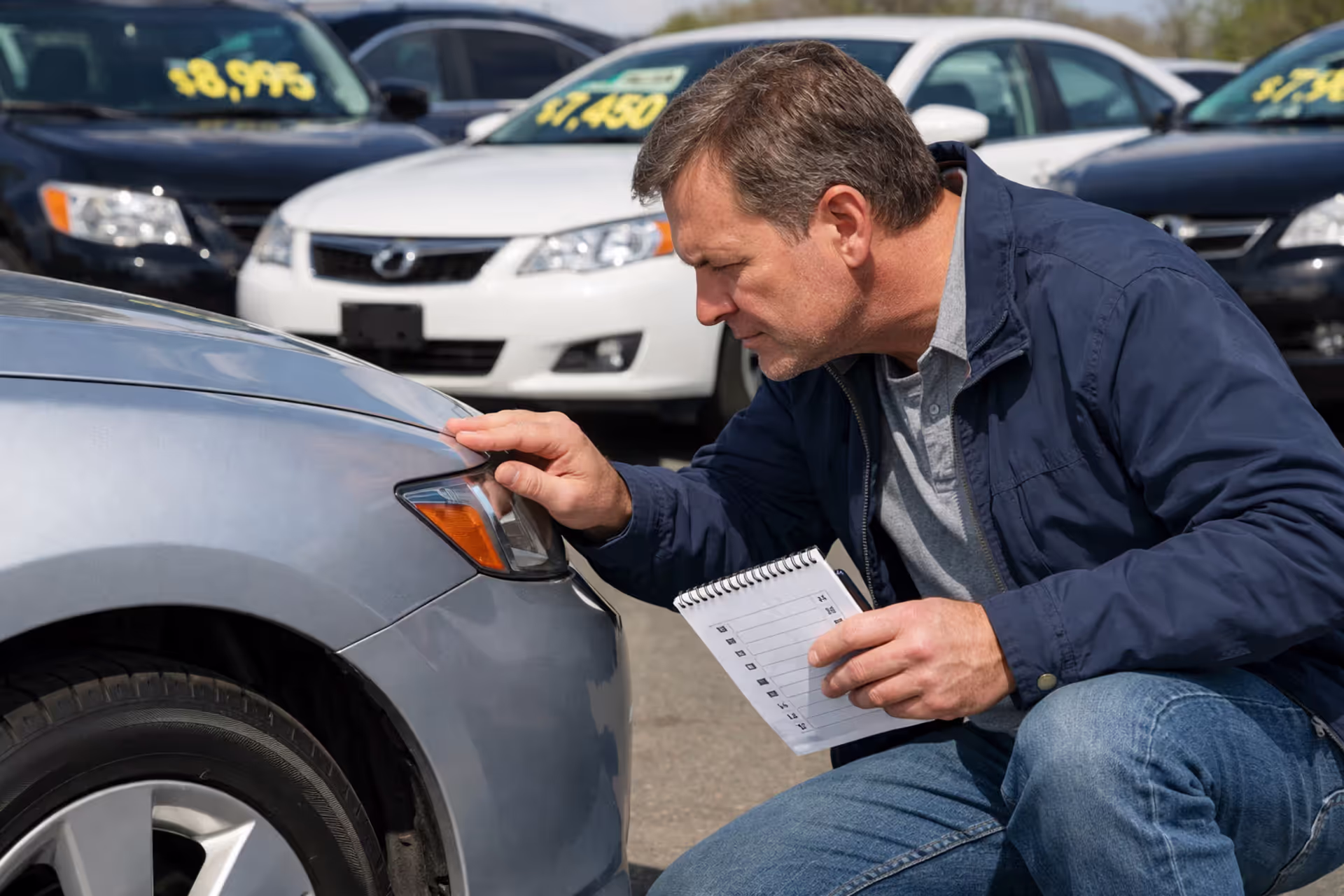 Buyer kneeling beside a used sedan inspecting body panel gaps at an outdoor dealership lot on a sunny day