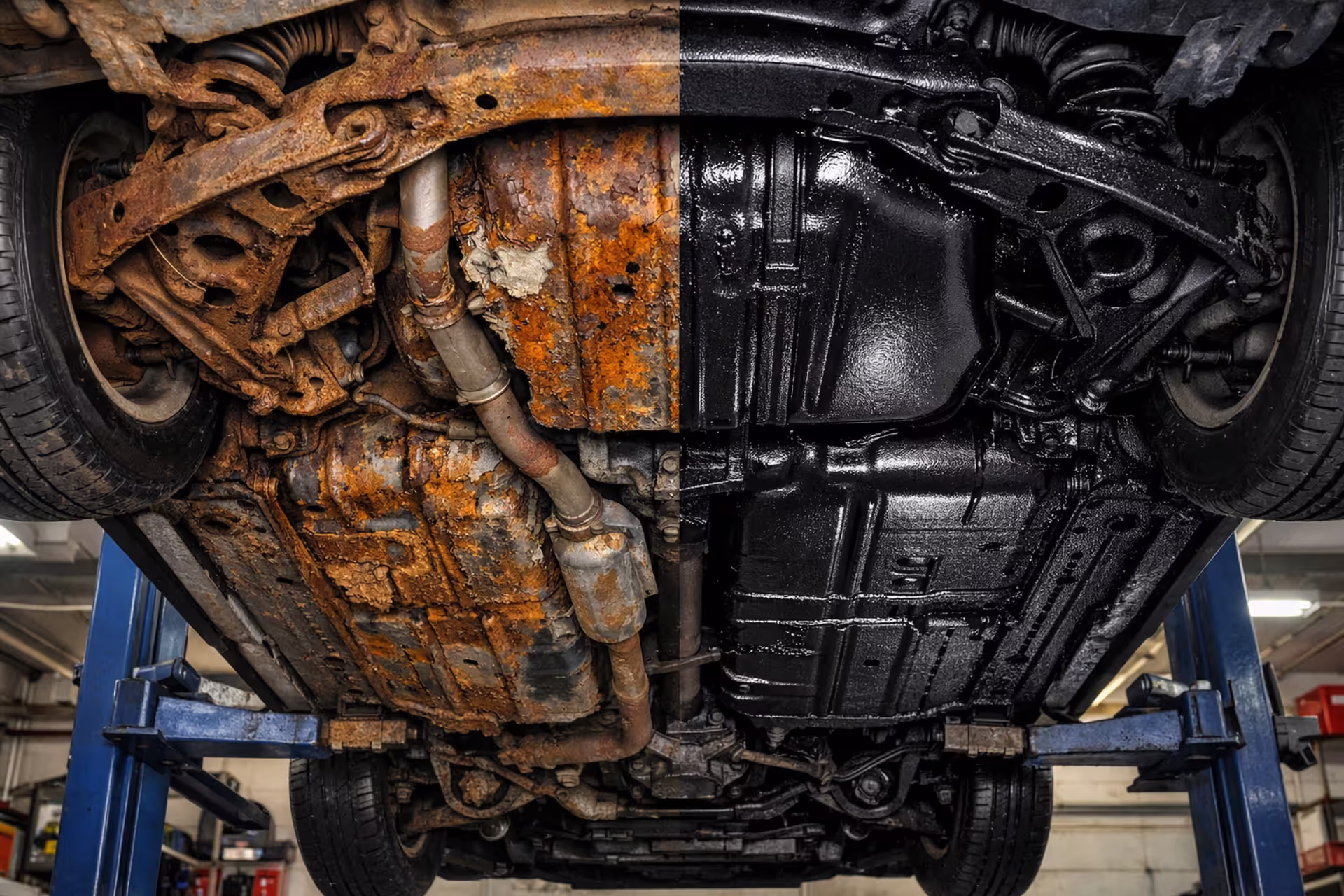 Car undercarriage on a lift showing contrast between corroded rusty frame rails and clean protected underbody coating side by side