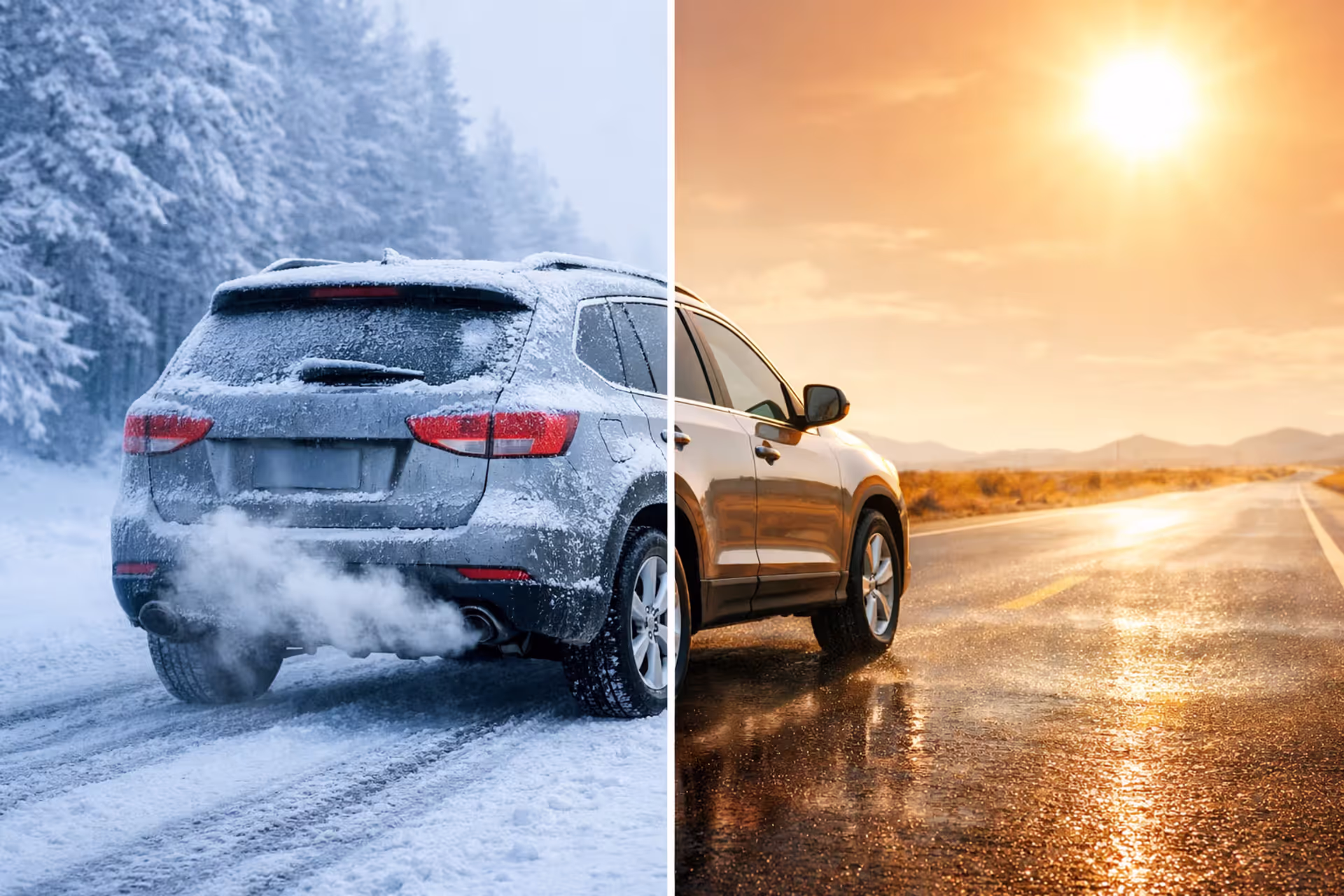Car in winter snow and summer heat split screen showing seasonal weather extremes on road
