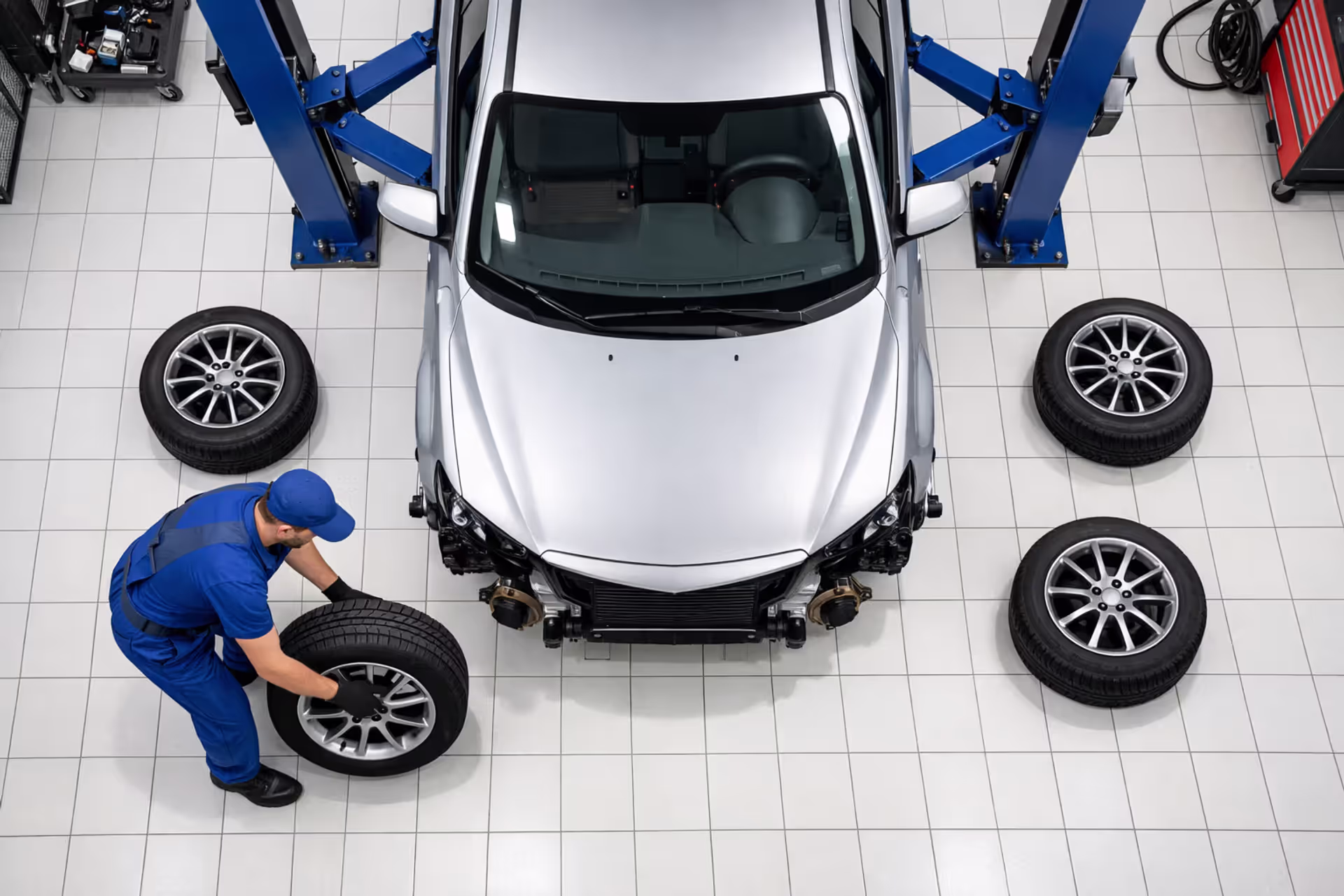 Mechanic rotating tires on a car lifted on a hydraulic lift in a professional auto service shop